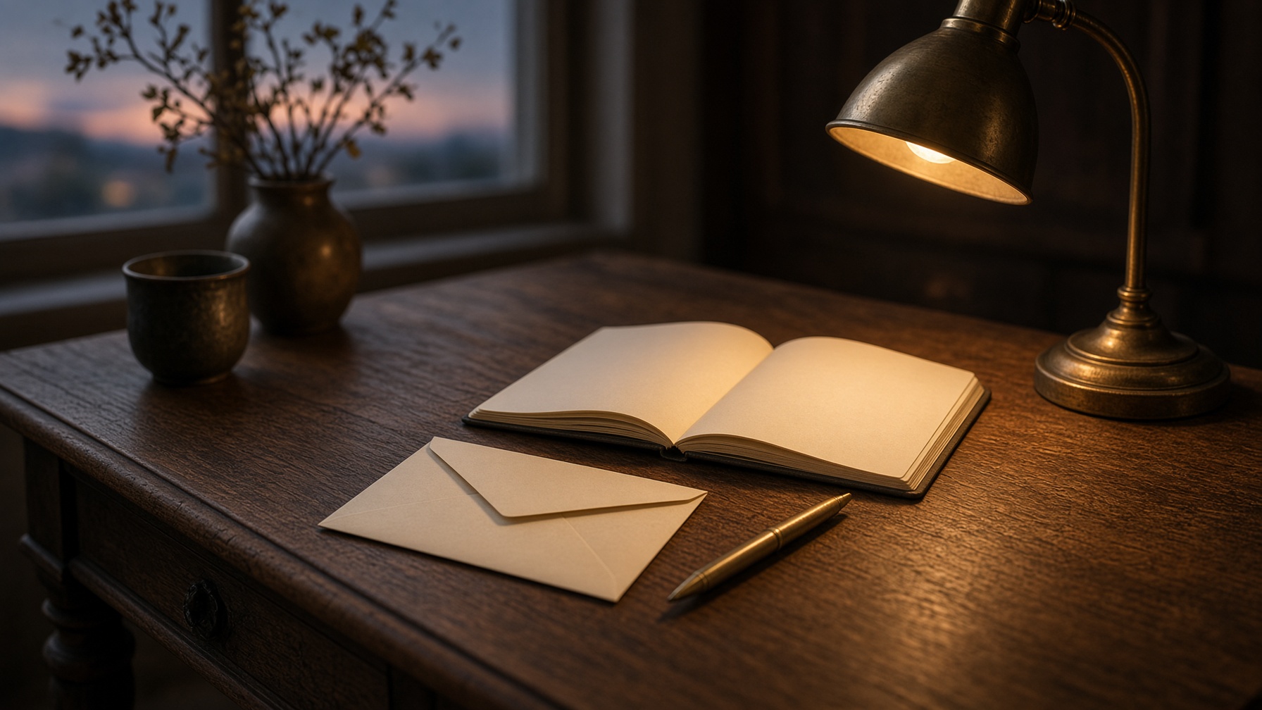 Bureau en bois, lampe allumée, enveloppe prête à partir
